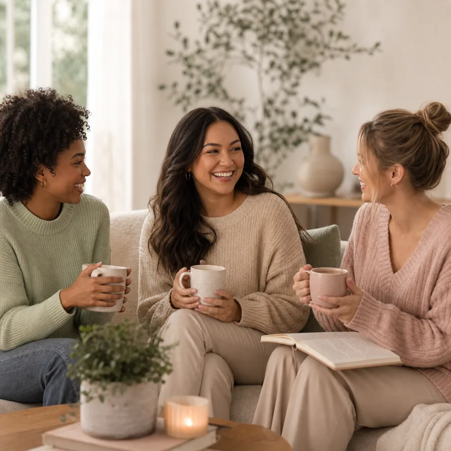 Three women sharing conversation and encouragement