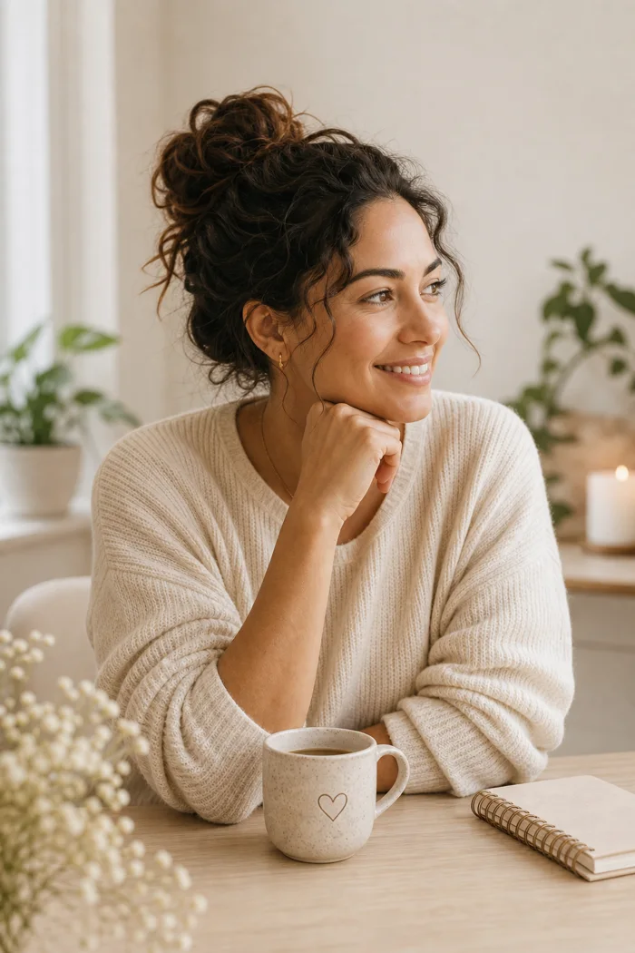 A mother sitting calmly with a mug in a soft home setting